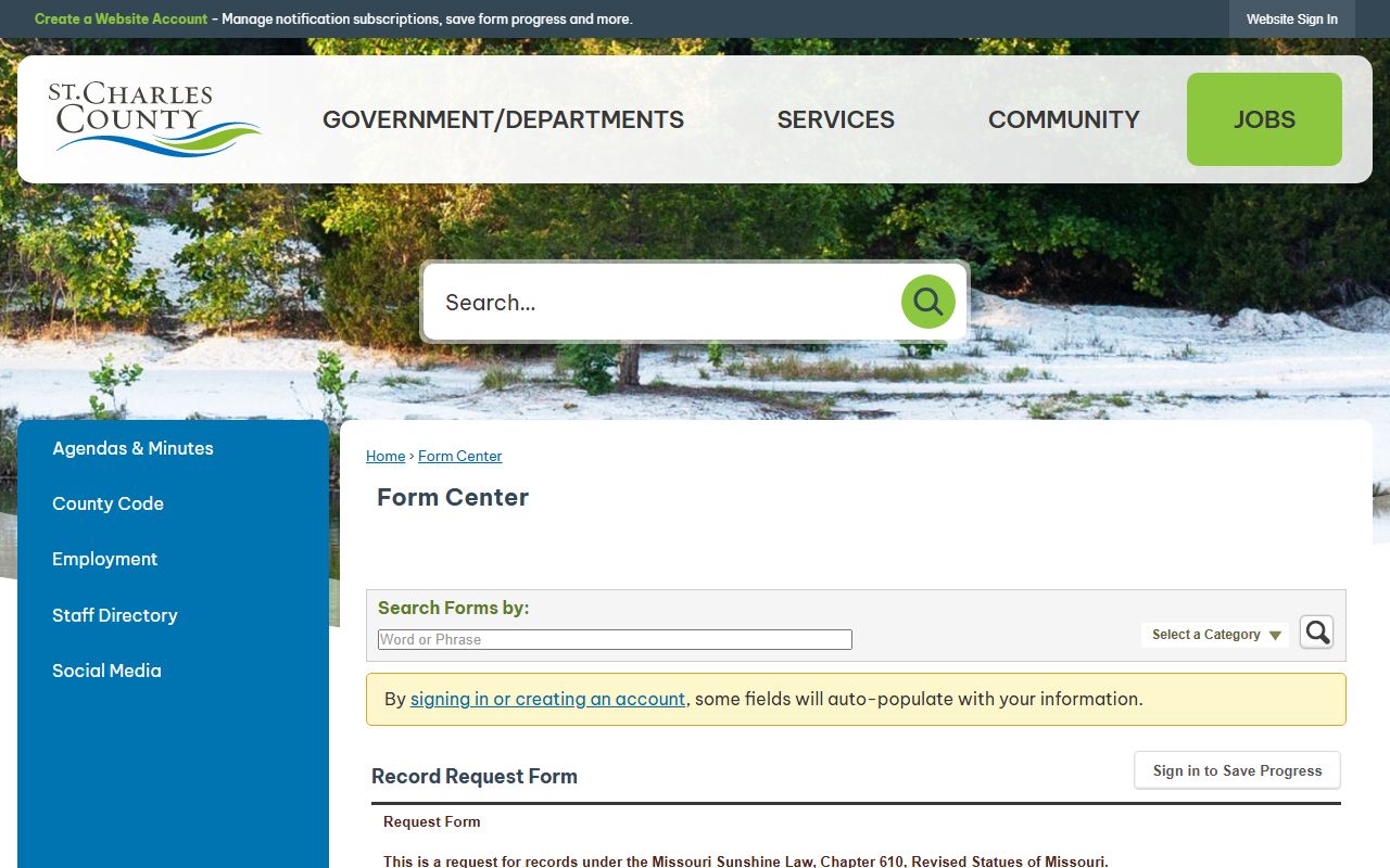St. Charles County Registrar online record request form fields