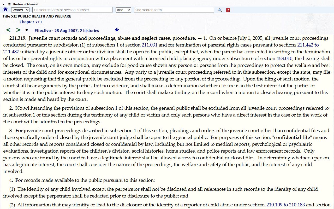 St. Charles County probate records Missouri juvenile confidentiality statute