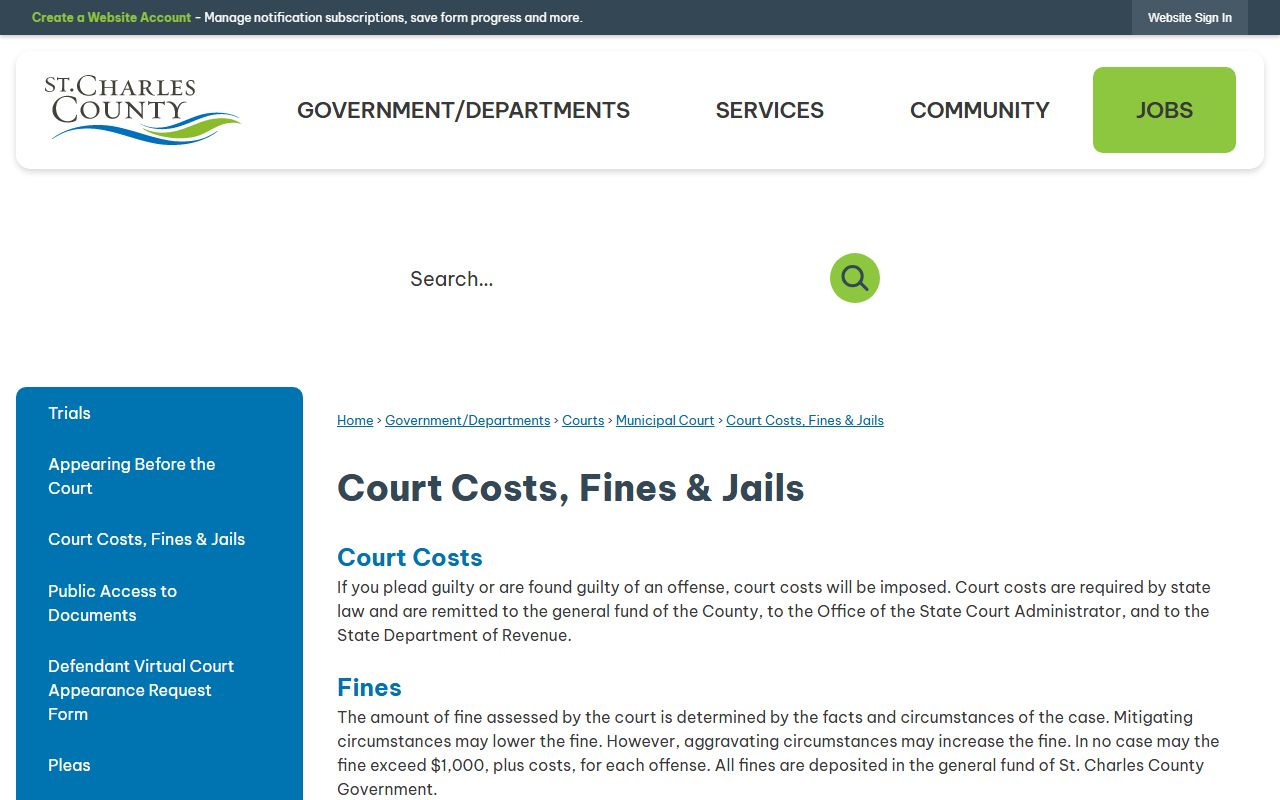 St. Charles County traffic court records municipal costs and fines